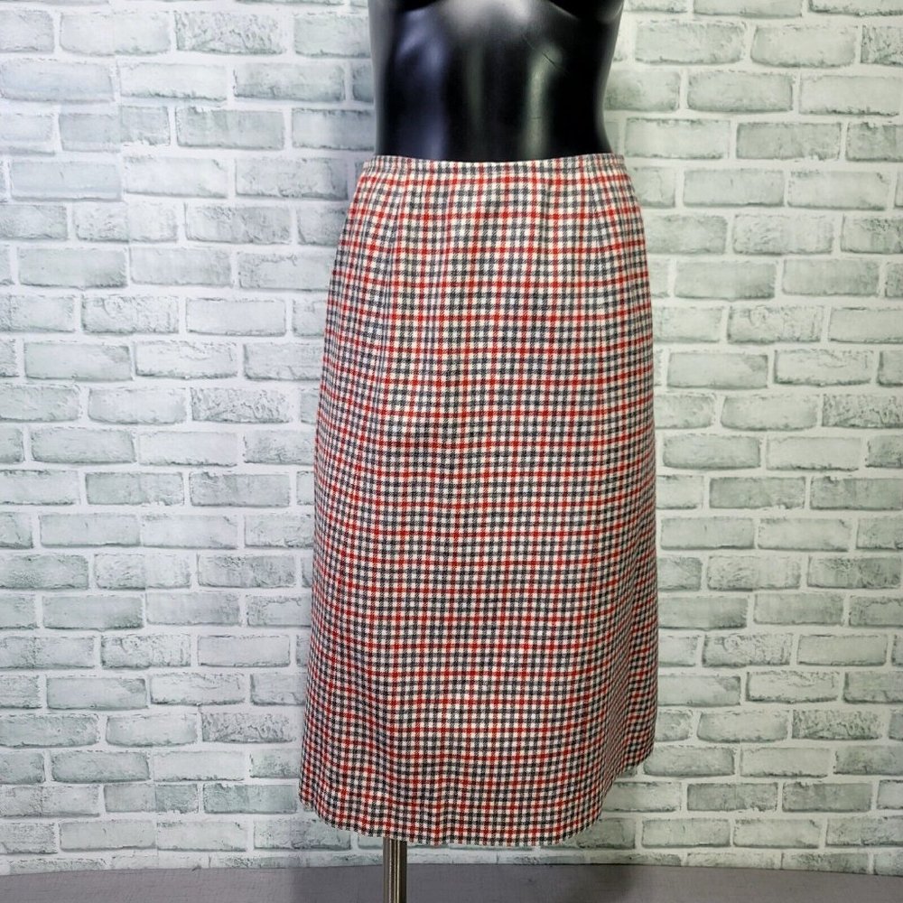 Vintage 70s Pendleton Womens S Red Ivory Blue Plaid Wool Aline Straight Skirt
